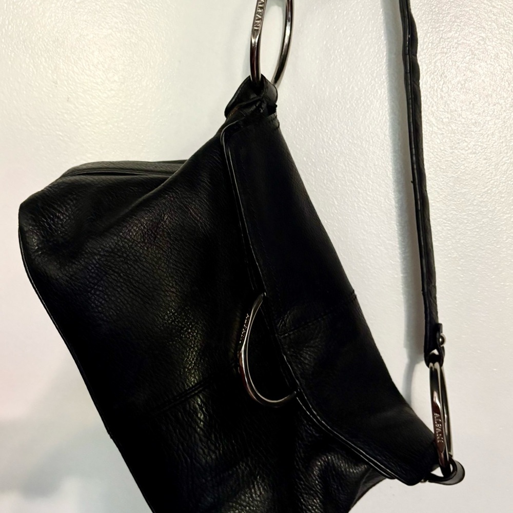 Alfani Black Pebbled Medium Shoulder Bag Fold Over Hobo with Silver Rings